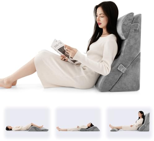 GOPLUS 3-teiliges Keilkissen-Set, Rückenkissen mit Abnehmbarer Nackenrolle & waschbarem Bezug, Rückenkissen mit Memory Foam, Rückenstütze, Lesekissen für Bett und Sofa (Grau)