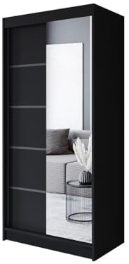Easy4You P3 100 cm Schwarz Schiebetüren Kleiderschrank 100x200x58 cm mit Spiegel - Schlafzimmermöbel, Aufbewahrung - Mehrzweckschrank