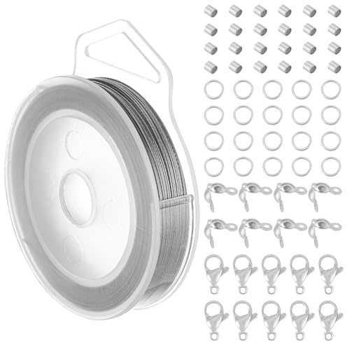 BENECREAT Filo per Perline In Acciaio Inossidabile Da 40 m, 7 fili, 0.6 mm con 200 anelli di Salto, 200 pezzo di Perline A Crimpare, 100 punta per Perline e 30 fermagli per Artigli di Aragosta