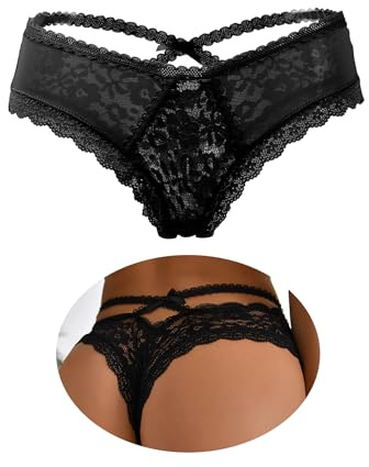 ohmydear Floral Lace French Knickers Plus Size Soft Sexy Thongs for Women | Criss-Cross V-Back Underwear, Cotton Gusset Comfort Brazilian Briefs, High-Leg Cheeky Panties, Stretch Fit for Curvy UK 8-22