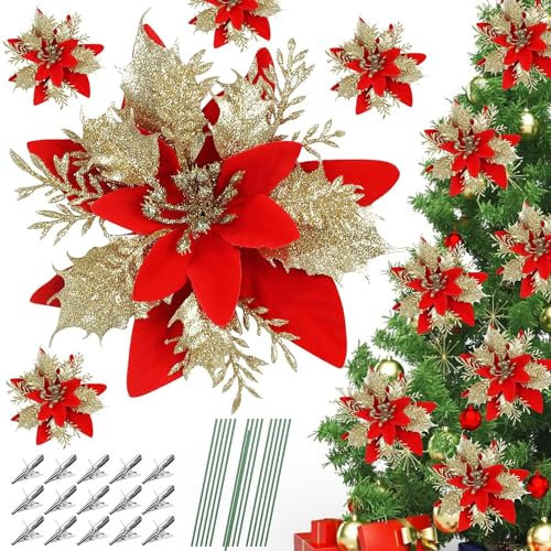 SULOLI 12 Pezzi Fiori per Albero Natale,Fiore Finti con Clip,Fiori Artificiali con Glitter Polvere per Decorazioni Natalizi,Ghirlanda (Rosso e Oro)