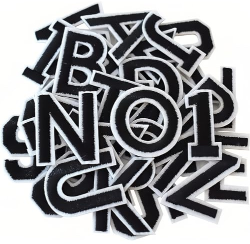 72 pezzi toppe termoadesive, lettere da cucire con lettere A-Z, numeri 0-9, numeri da stirare per abbigliamento, vestiti, cappelli, jeans, accessori fai da te, nero
