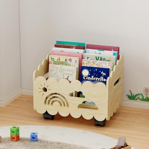 DUHARS Kinder Bücherregal Holz mit Rollen, Montessori Bücherregal Kinder, Bücherkiste für Leseecke, Babyzimmer, Bücherbank, Spielzeug Organizer Regal Kinderzimmer Aufbewahrung
