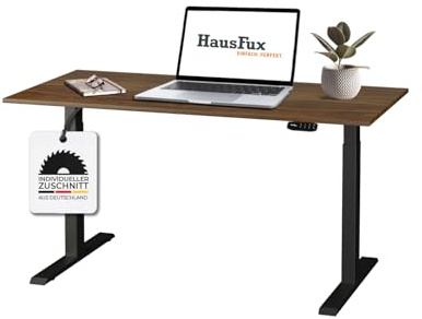 Hausfux Höhenverstellbarer Schreibtisch auf Maß - inkl. 2,5 cm starker, maßgefertigter Tischplatte - 2- oder 3-stufiges Gestell, OLED-Touchpanel (Madison Walnuss & Schwarz, 2-stufig, 160 x 80 cm)