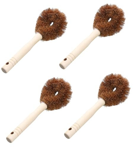 GOOHOCHY 4pcs Ergonomic Design Coconut Palm Dishwashing Brush Long Handle for Kitchen Cleaning Supplies