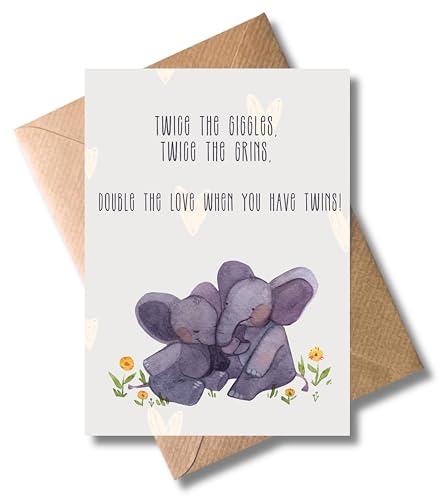 WBdesignz Carte de naissance « Twice the Giggles, Twice the Grins » avec enveloppe – Jolie carte de vœux pour la naissance de jumeaux avec motif éléphant (format A6)