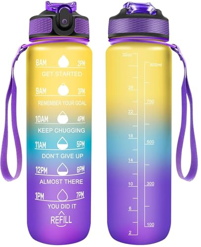 Sports Water Bottle 1L / 32oz with Straw – BPA-Free, Leakproof Flip Lid, Time Marker, Motivational Reusable Bottle. (Gradient Color Scheme, Blending from Yellow at the Top to Purple at the Bottom.)