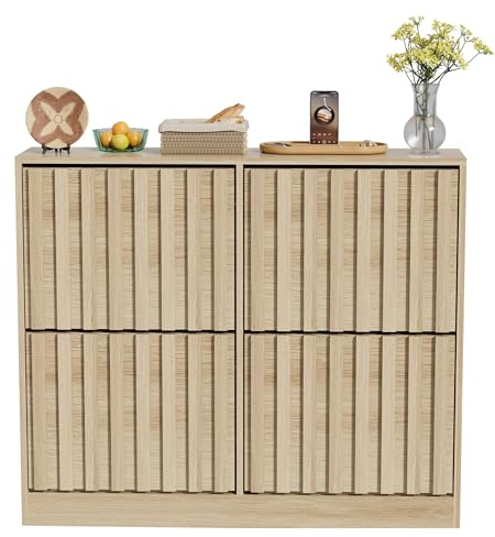 UEV Schuhschrank mit 4 Klappen Holz, Schuhregal Schmal (Natur) | Schuhkipper mit Kippschutz & verstellbaren Trennwände für Flur Eingang Wohnzimmer, Schuhkommode Flurkommode 102x24x86,5cm