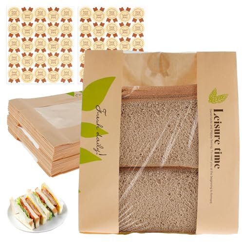 Lot de 50 sacs à pain avec autocollants, imperméables et résistants à l'huile, en papier avec fenêtre transparente, portables, for pain grillé, bonbons, grains de café, 32 x 21 x 9 cm(Large green leaf