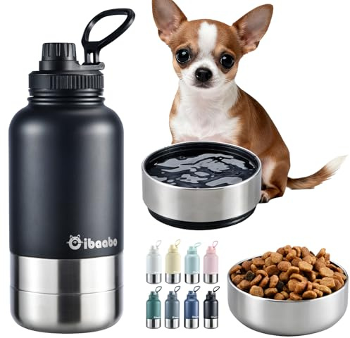 Cibaabo Insulated Dog Water Bottle 32oz Keep Water Cool with 2 Bowls | Travel Feeding & Hydration | Stainless Steel Double Wall Thermos | Portable Pet Dispenser | for Dog & Owner | Hiking Beach