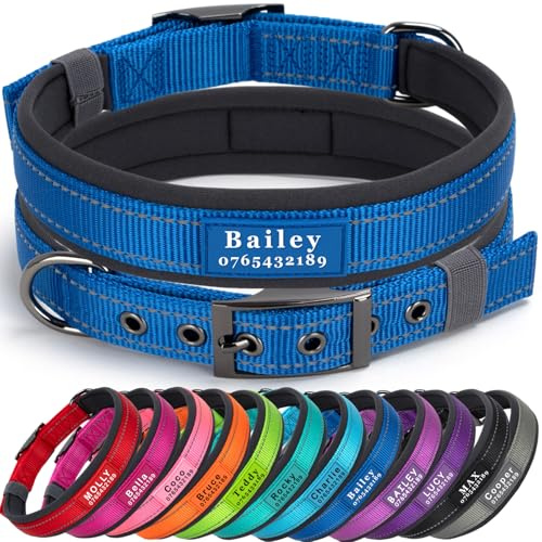 SEOUGEE Personalisiertes Hundehalsband mit Namen und Telefonnummer, strapazierfähige Metallschnalle, ultrabreites, weiches Neopren gepolstert, verstellbares, reflektierendes Hundehalsband für