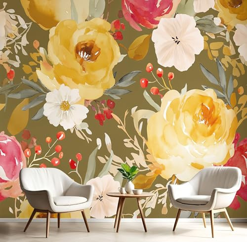 Carta da parati fotografica Fiori Viti Bacche Acquerellati 150 * 105cm Seta Murale Decorazione Soggiorno Camera De Letto Sala Ufficio Poster Design Carta per pareti Giallo Senape Rosso