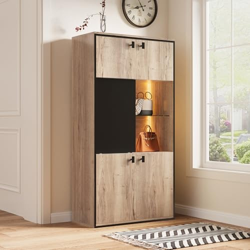 BTM Buffet à Portes Coulissantes, Étagère Ouverte, Vaisselier, Meuble Haut en Bois, Armoire de Cuisine Individuelle pour Salon