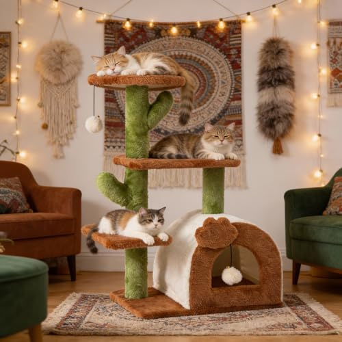 Cactus Indoor Cat Tree with Cozy Condo Large Perch 27.5 inch, Multi-Level Cat Tower with Climbing and Relaxing Space, Toy Ball, Brown