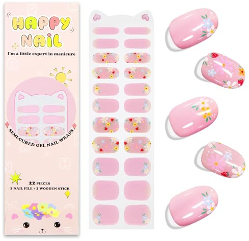 JMEOWIO Semi Cured Gel Nail Strips for Kids Cute Flower Fruit Gel Nail Stickers Wraps UV/LED Nails Art Design Decoration Accessories