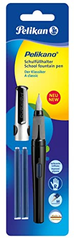 Pelikan 903757 Pelikano Füllhalter, Feder M für Rechtshänder, inklusiv 2 Tintenpatronen, Strichfarbe königsblau, schwarz