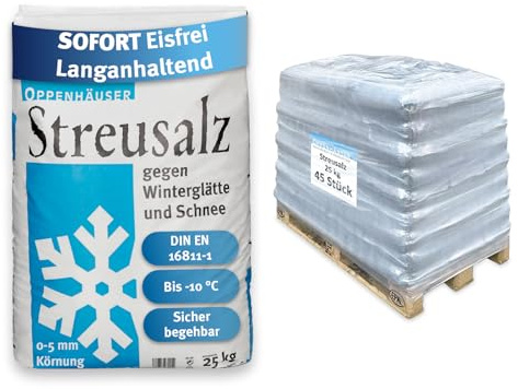 OPPENHÄUSER Streusalz 1125kg: Sofort eisfrei & langanhaltend, DIN EN | 16811-1, Auftausalz gegen Glatteis, Winterstreu für sichere Gehwege Einfahrten & Parkplätze, Kornklasse M, Premium, 1 Palette