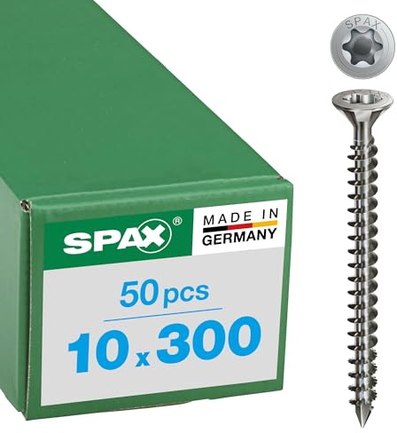 SPAX Holzbauschraube aus Edelstahl rostfrei A4, 10,0 x 300 mm, 50 Stück, T-STAR plus, Senkkopf mit Fräsrippen, Vollgewinde, CUT-Spitze, 1208001003005
