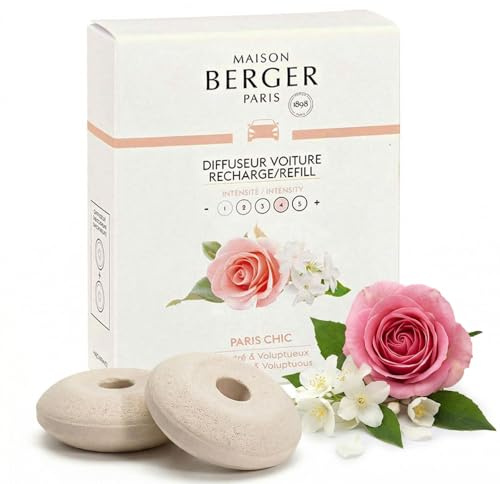 Maison Berger – Recharges Diffuseur Voiture Paris Chic – Lot de 2 Recharges Céramiques Diffuseur Voiture, Diffusion Passive 4 à 6 Semaines, Fabriqué en France