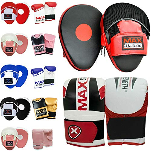Max Strength Focus Pad Bag Gloves Set | Synthetic Leather Curved Hook & Jab Pads Hand Mitts | Great for Kickboxing, MMA, Martial Arts, Muay Thai Karate Training | Boxing Punching (Red/White(MAX), S/M)