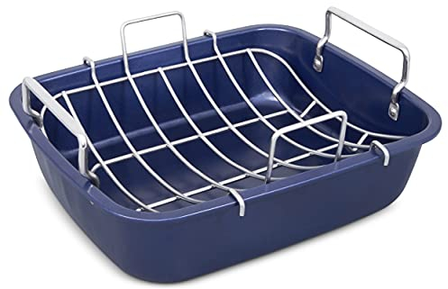 Zyliss E980206 Non-Stick Roasting Tin with Rack, Carbon Steel, Dark Blue, Roast Pan/Baking Trays for Oven/Bakeware Tray, Dishwasher Safe