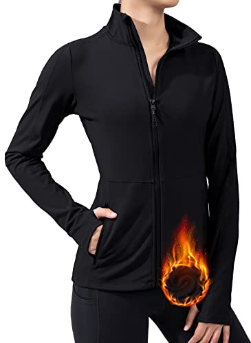 Vutru dam löparjacka sportjacka träningsjacka långärmad fitness yoga jacka med fickor tumhål andas, Fleece svart, XS