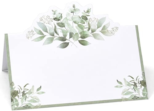 Gift Boutique 100 Pack Eucalyptus Greenery Place Cards Floral Green Leaves Seating Name Card Folded Tent Cards for Baby Shower Reception Tables Placement Party Decorations 2 x 3.5