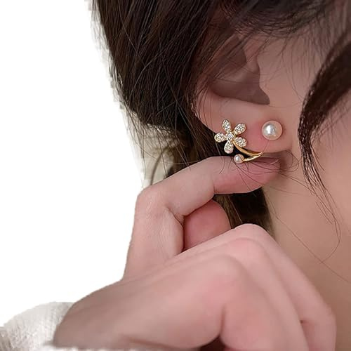 TseenYi Boho Goldene Perlen-Ohrstecker Hochzeit Perle Cz Ohrringe Kristall Blume Vorne Zurück Ohrringe Glanz Braut Ohrstecker Schmuck Für Frauen Und Mädchen