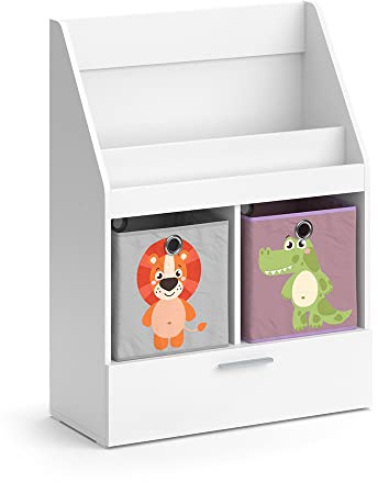 Vicco Kinderregal Weiß Luigi mit Schublade und 2 Faltboxen Opt.4-72x96x31 cm aus Spanplatte - Bücherregal ideal fürs Kinderzimmer, Praktisches Aufbewahrungssystem für Kinderzimmer-Chaos