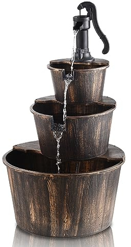 YI 40-Inch 3 Tier Barrel Waterfall Fountain Outdoor Water Fountains Barrel Wood 3-Tier Freestanding Rustic Pump for Garden Patio Backyard Porc