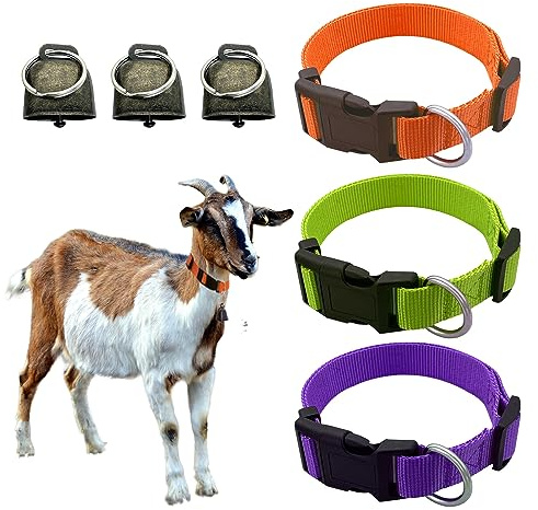 Dasiyoki 3 Stück Ziegenhalsband, Ziegenhalsband mit Glocke Haustier Weiden Kupferglocken, Verstellbar und Langlebig Nylon Kuh Pferd Schaf Hundehalsbänder, Anti-Verlust Bronze Glocke Zubehör für kleine