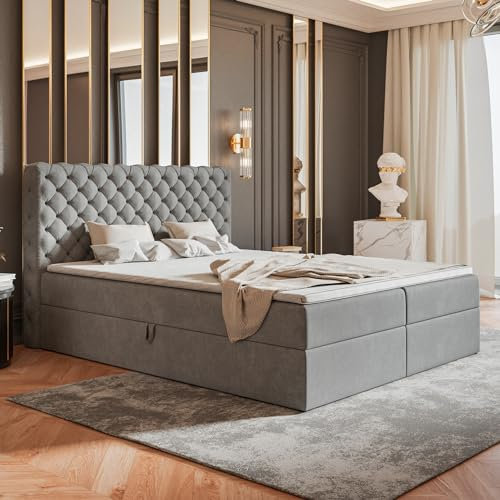 MOTIVENA Nero Chesterfield Boxspringbett 180x200 mit Bettkasten und Topper, Polsterbett 180x200 mit Bettkasten, Bonell-Matratze (H4), Visco Topper (H2), Samt, Grau (Hellgrau)
