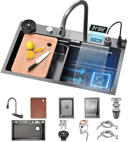 80 x 45 cm, lavello da cucina con cascata, rubinetto a cascata a LED, tagliere scorrevole e lavastoviglie ad alta pressione, compatto e multifunzionale