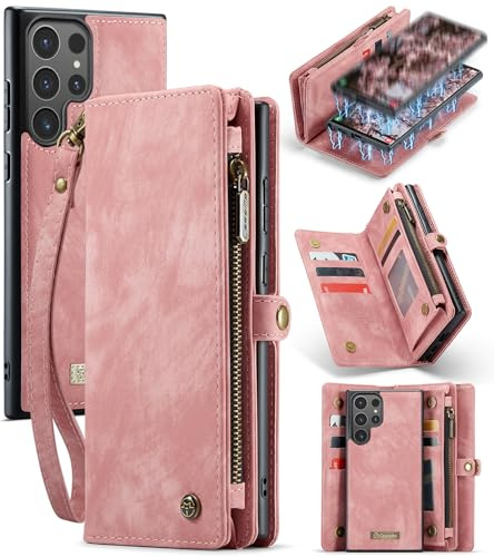UFinetech für Samsung S24 Ultra Hülle, Stoßfest Kartenfach Magnetisch Abnehmbare Tasche Galaxy S24 Ultra 5G Handyhülle, Flip Reißverschluss Lanyard Leder TPU Klapphülle Kratzfest Schutzhülle, Rosa