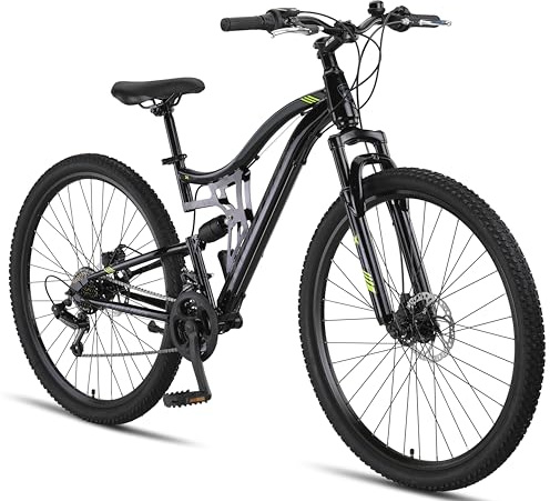 Chillaxx Bike Falcon Premium - Bicicleta de montaña de 24 y 26 pulgadas, para niños, niñas, mujeres y hombres, freno de disco, cambio de 21 velocidades, suspensión completa (freno de disco negro, 29