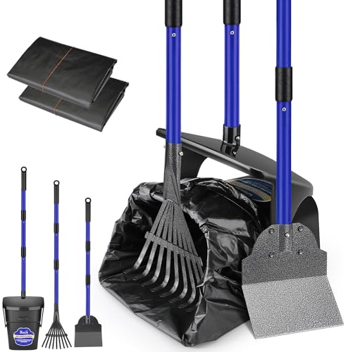 Eyein Dog Pooper Scooper - 95cm Long Metal Handle Adjustable Pooper Scooper | Swivel Bin & Rake & Spade Kit with 20 Waste Bags, Portable for Large Medium Small Pet Outdoor Yard Grass Gravel Lawn