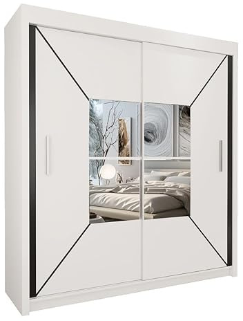 Style Heaven Modern Sliding Door Wardrobe for Bedroom,Matt Finish,2 Mirrored Sliding Doors wardrobes 6 Adjustable Shelves & 2Hanging Rail,made of MDF Chipboard,aluminium Handles Nicole(WHITE, 150CM)