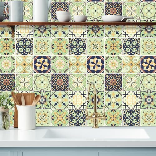 WALPLUS 24 PCS Fliesenaufkleber Küche 15x15cm Fliesen Aufkleber Badezimmer Abnehmbare Fliesensticker Küche Pastellgrün Marokkanisch Muster Selbstklebende Fliesen Küche