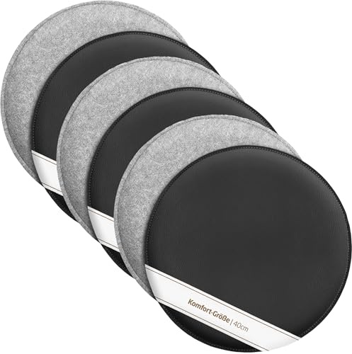 Miqio Design Sitzkissen | Wendekissen Rund aus Filz und Kunstleder | Komfortgröße XL Stuhlkissen ø40 cm | 6er-Set | Sitzauflage für Bank und Stuhl | Hellgrau-Schwarz