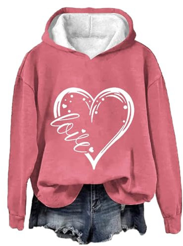 Damen Pullover Hoodie Wintersachen für Damen Love Damen-Sweatshirt mit Buchstaben-Aufdruck, langärmelig und Kapuze Sweatjacke Damen GefüTtert Lange Pullis Damen Oversize Pullover Damen (Hot Pink, XXL)
