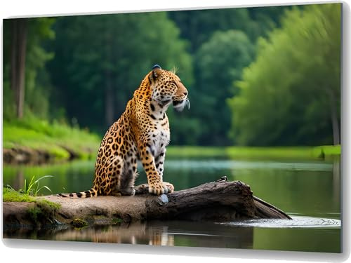 UVTECHPRINT Glasbild Wandbild Heimdekoration Leopard Natur Tiere Dschungel 90x60 cm Wohnzimmer Kunstdruck Bilder auf Glas