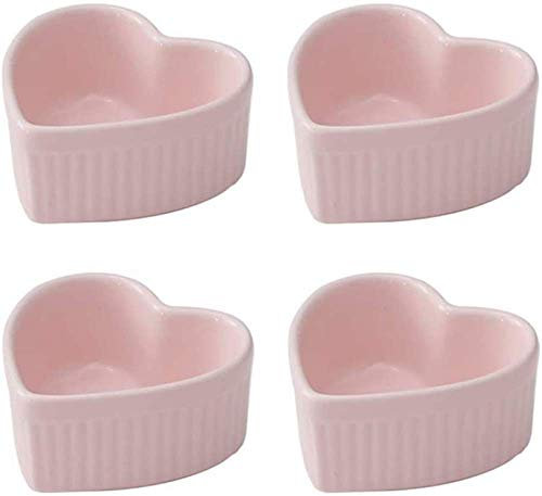 Set of 4 Blue Ceramic Heart Shaped 4 oz Ramekins - Dessert Bowl for Baking Cakes, Jams, Souffle, Creme Brulee - Kitchen Bakeware Kit with Removable Silicone Cups and Recipe Booklet