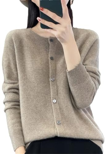 Dndrdhfb Damen Strickjacke aus Merinowolle, Rundhals, langärmelig, Strickjacke, weiche Strickjacke für alle Jahreszeiten, Braun Grau, XL