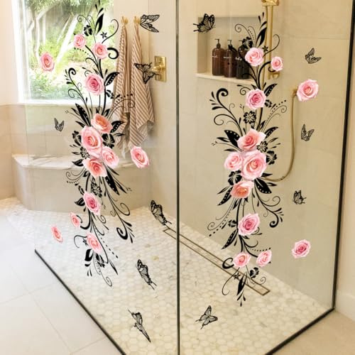 WandSticker4U®- [2er Set] Wandtattoo BLUMEN schwarz groß (69x43 cm) I Wandsticker Blumen rosa Rosen Blüten Ranke I Wanddeko Wohnzimmer Schlafzimmer Badezimmer Küche Flur Möbel Aufkleber XXL