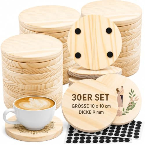 LYCN 30 Stück Untersetzer Holz für Gläser, 10cm Blanko Rund Holzuntersetzer mit rutschfeste Matte, Dicker Getränke Untersetzer Holz für DIY Tafelaufsätze Bar Tassen Glas