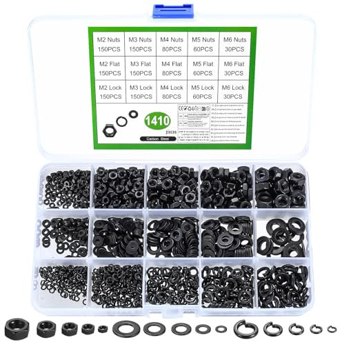 Set di 1410 rondelle in acciaio al carbonio, dadi esagonali e anelli a molla in acciaio al carbonio, M2 M3 M4 M5 M6, set di rondelle piatte (nero)