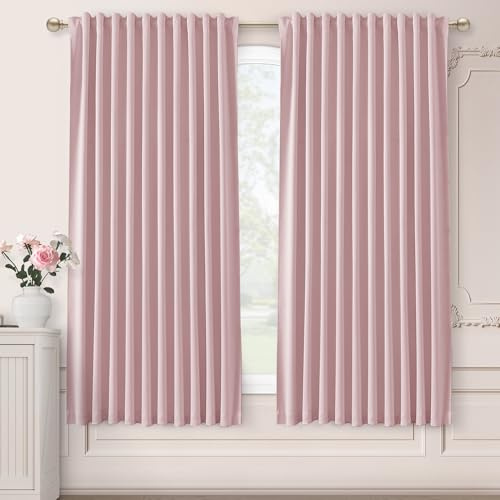 SHINELAND Baby Pink Nursery Blackout Curtains 63 Inch Length for Bedroom Aesthetic Short,Black Out Back Tab Rod Pocket Hooks Pleat Pale Pink Curtains 63 Inch Long 2 Panel Set