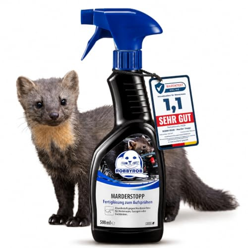 ROBBYROB | Marder Stopp Marderspray | Verhindert Marderbiss durch Aufsprühen eines Abwehrdufts | Marderabwehr für den Einsatz in Auto, Haus, Dachboden, Garten und Garage | 500 ml Sprühflasche