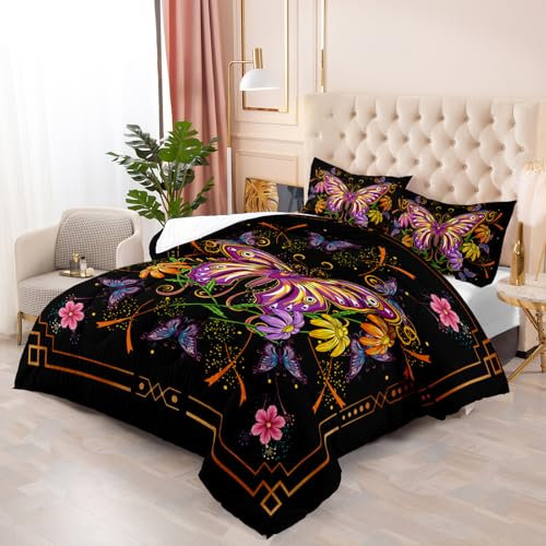 Bettdecke 140X200 Lila Gelber Schmetterling Drucken Steppdecke 200Gsm,Dünne Und Leichte Bettdecken,4 Jahreszeiten Bettdecken 140X200,Weiche Mikrofaser Bettdecke Mit 2 Kissenbezüge,Warm Steppbettdecke