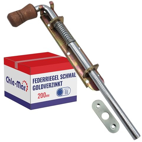 Chle-Mar - Federriegel 200 mm | Torverriegelung – verzinkter Schieberiegel mit Federmechanismus | Ideal für Türen, Tore, Gartentore & Ställe | Türriegel mit Holz- oder Kunststoffgriff | Federbolzen